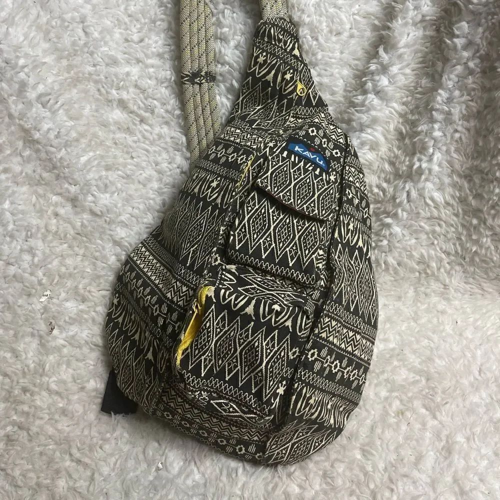 Kava Sling back Rope Backpack Batik Black White Print.